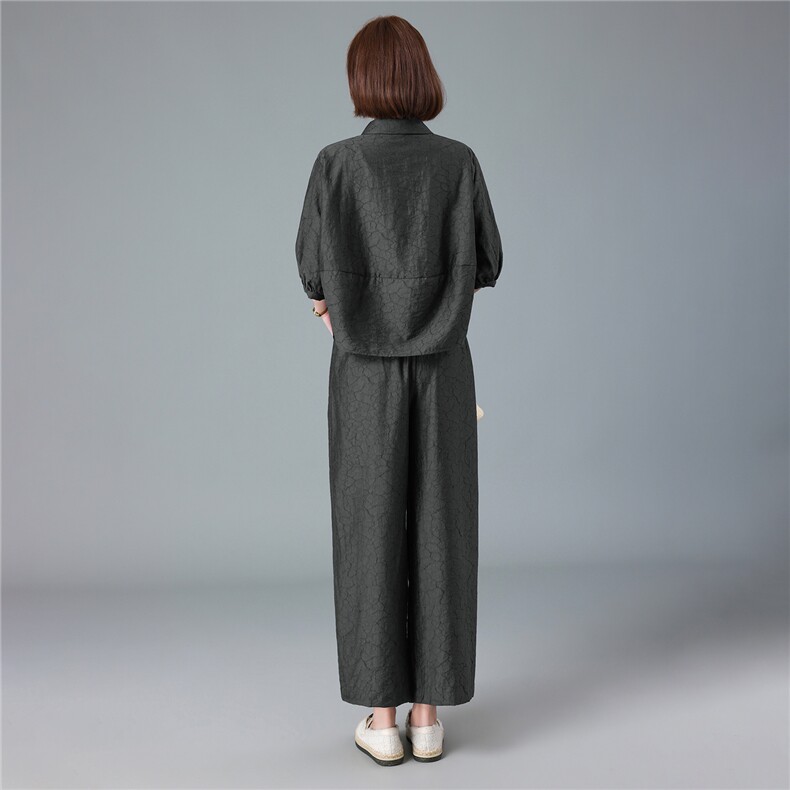 现货2026夏季新款宽松大码洋气减龄莱赛尔提花衬衫套装两件套,女装套装/套裙,深水步