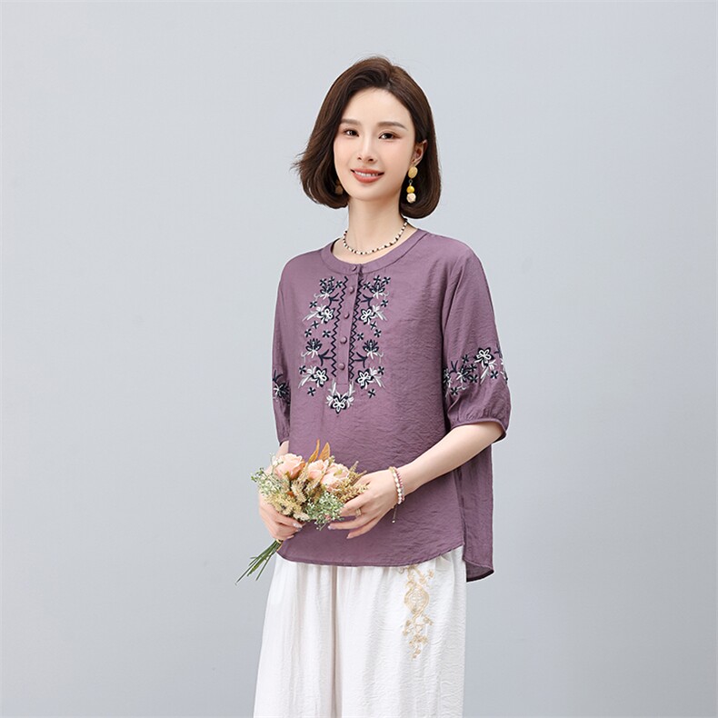 高端时尚妈妈装苎麻女2025夏季新款洋气刺绣衬衫休闲裤，女装衬衫，凝聚力