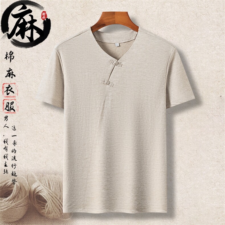 长年货棉麻短袖T恤男士中青年风盘扣复古夏体恤半袖上衣图片