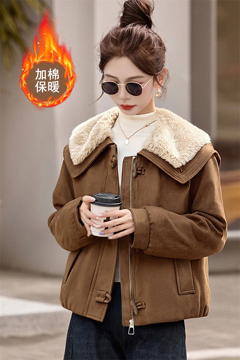 秋冬宽松超好看鹿皮绒棉服时尚减龄羊羔毛翻领夹棉加厚外套女,女装棉衣/棉服,韩蔻秀