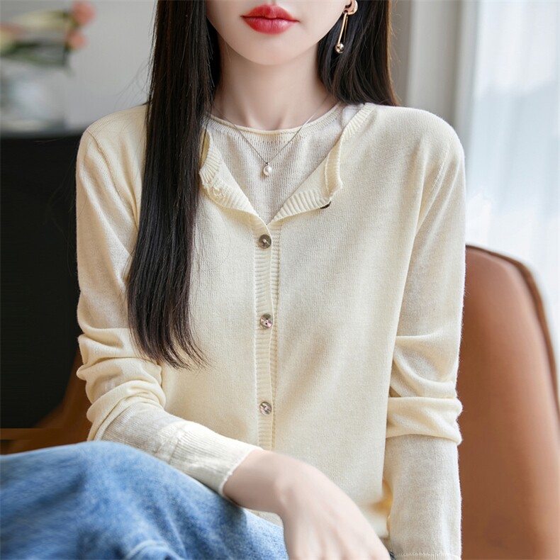 2025夏季精纺莱赛尔圆领开衫薄款女显瘦,针织衫/毛衣,美杜莎羊绒