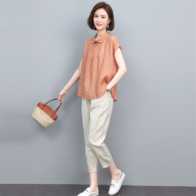 2022年夏装新款苎麻刺绣T恤衬衫女棉麻宽松九分裤套装,女装套装/套裙,忆绮罗
