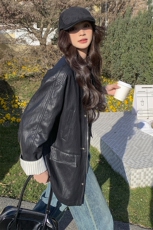 【现货，新款春装】休闲宽松中长款皮衣外套上衣2C215-P180-K240，女装皮衣，2C215