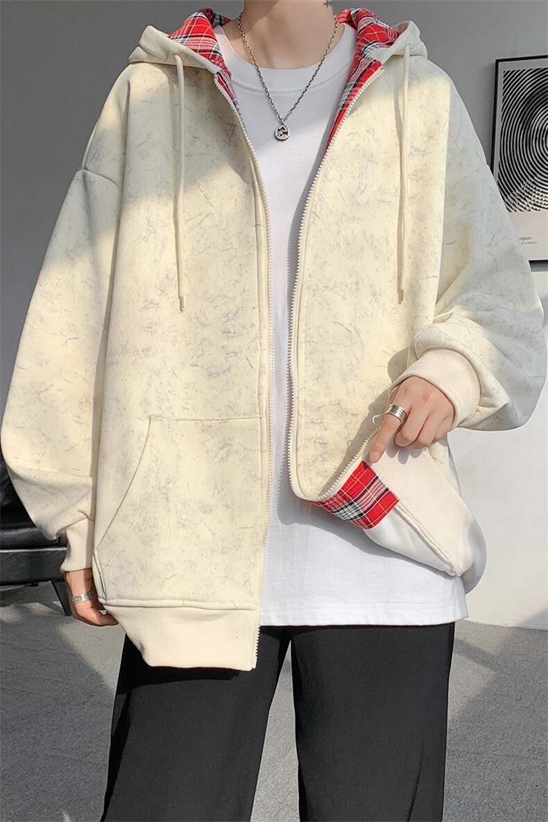 扎染撞色格子男女百搭连帽大码卫衣外套WY10090-特P55加绒特P65,女装短外套,电商A059