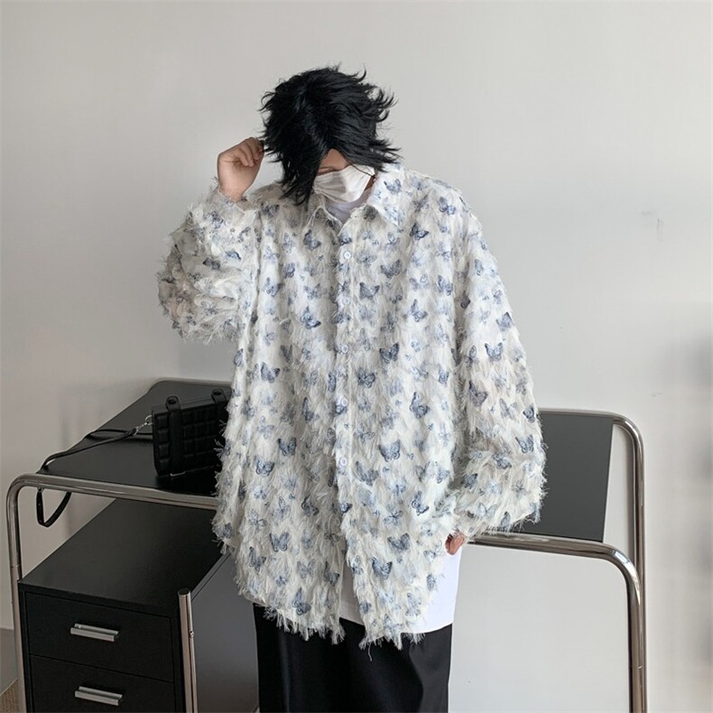 小众蝴蝶毛边流苏设计感衬衫高级感痞帅休闲外套防晒衣C56,男装防晒衣,星座1116A-1（原606A）