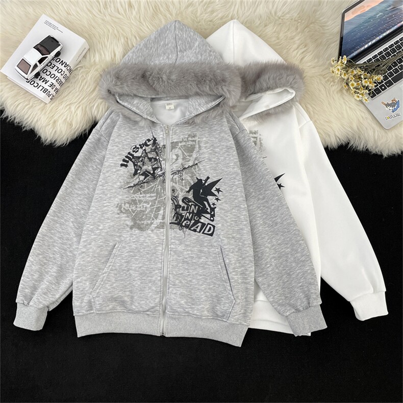 港风秋款男女连帽开衫卫衣扎染刺绣印花毛领夹克外套WY051 P58图片