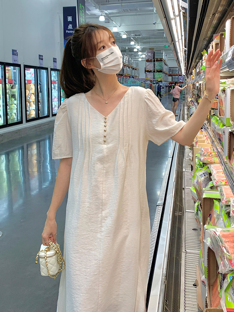 新款法式白色V领连衣裙【现货】5089-115-168,女装连衣裙,浙宝192（原082）