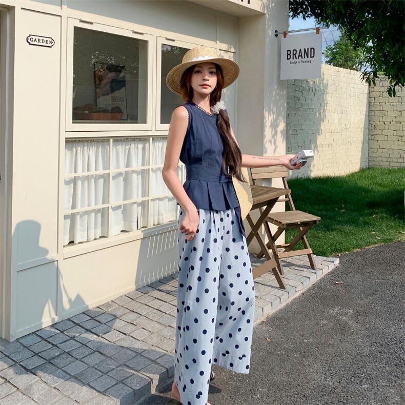 法式松弛感系带背心波点阔腿裤两件套女套装223-1360P140K198,女装套装/套裙,莘蕾