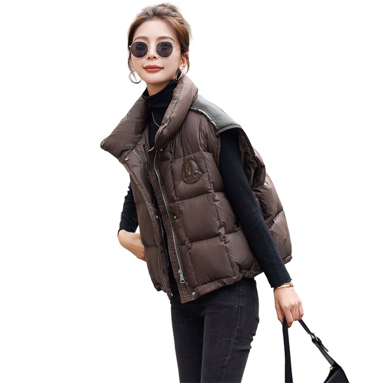 时尚立领拼接棉马甲女秋冬新款无袖保暖外套显瘦百搭短款棉服,女装棉衣/棉服,微微衣阁