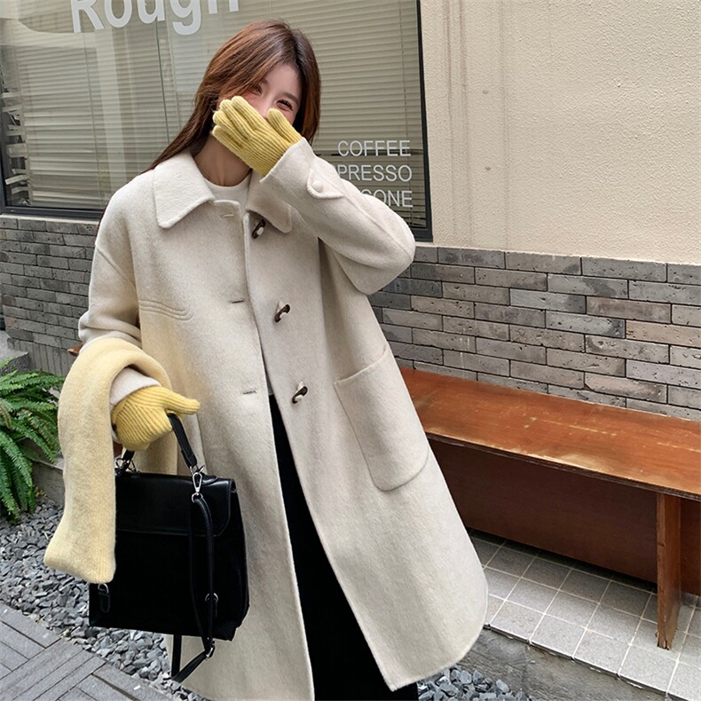 现货2025新款米色长款休闲韩版翻领双面羊毛大衣,女装毛呢外套,1C150