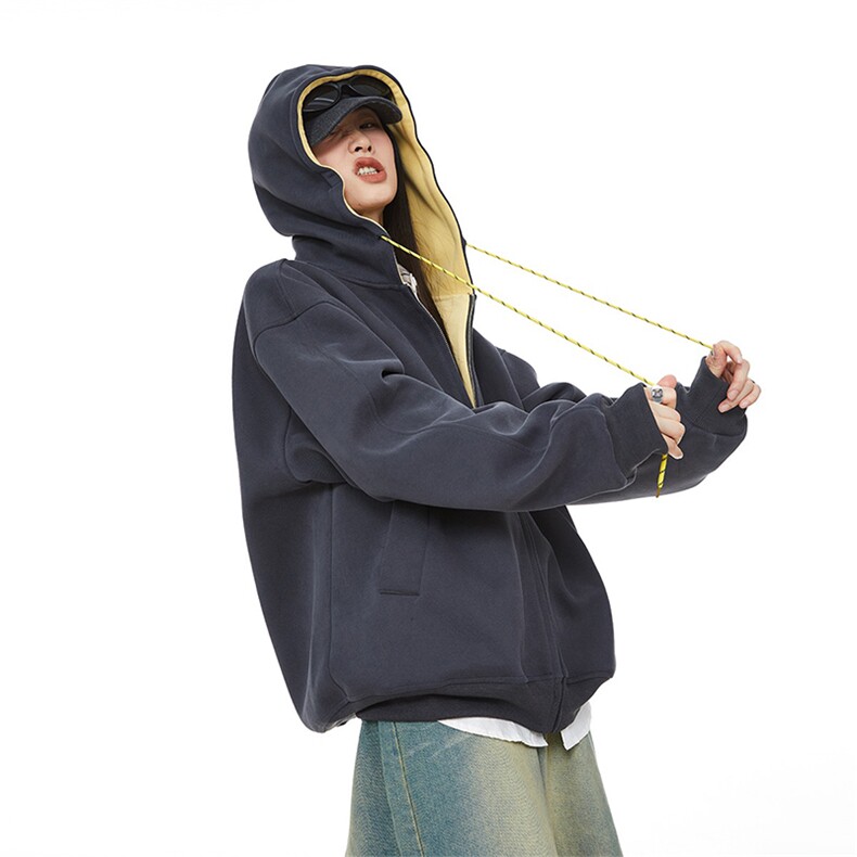 抖音得物二开美式高街重磅结构双层撞色连帽卫衣开衫外套W116，男装卫衣，电商A486