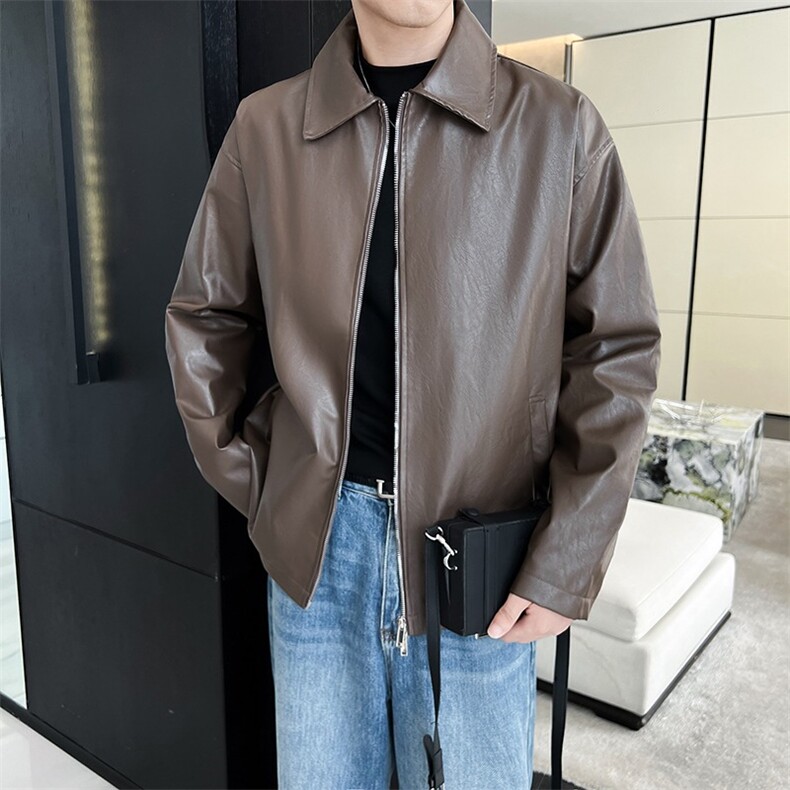 W643-P64痞帅Pu皮衣小众设计感潮牌双拉链垫肩皮夹克男机车服,男装皮衣,电商B323A
