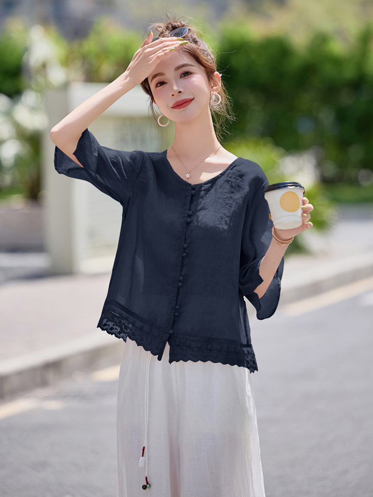 妈妈夏季中袖衬衫女2025新款时尚洋气减龄设计感小众宽松百搭上衣,女装衬衫,余墨