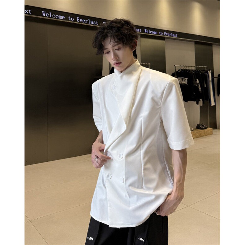 现货！25设计感垂领双排扣西服款短袖垫肩衬衫cs163-p78,男装西服,电商B288