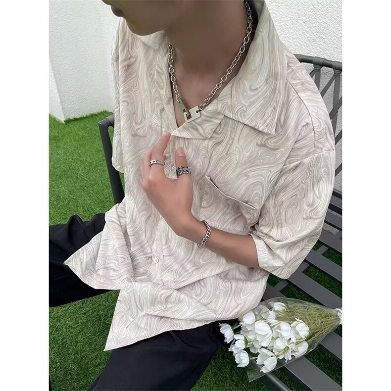 古巴领设计感小众短袖花衬衫情侣古着复古宽松沙滩衬衣CS624-P32,男装T恤,星座302B-2