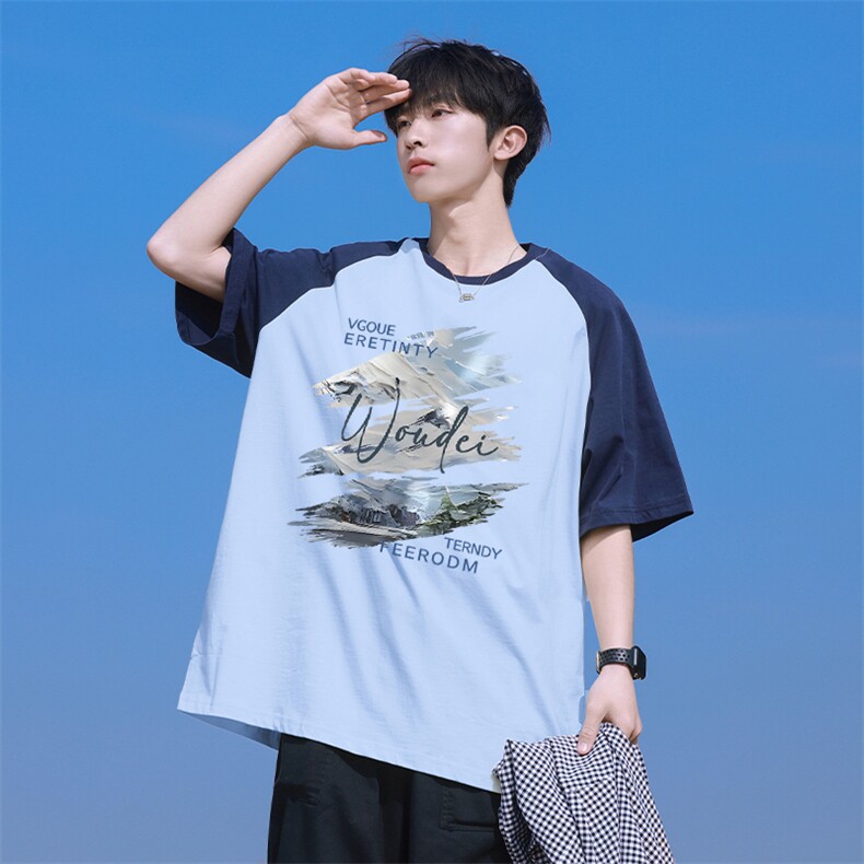 抖音得物高品质二开240克宽松纯棉美式潮牌插肩袖拼接短袖T恤,男装T恤,电商A486-1