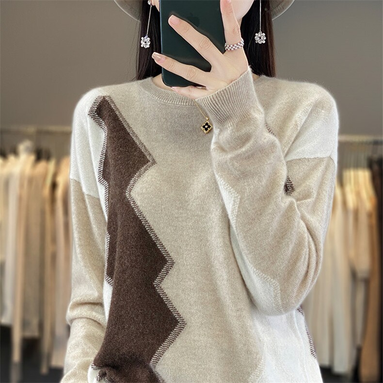 秋冬新款撞色衫女圆领拼色套头毛衣宽松羊毛针织打底衫,女装羊毛衫,秋虹羊绒