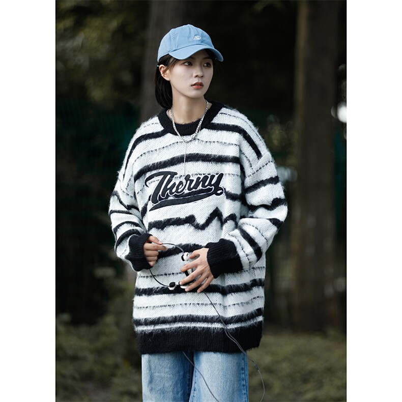美式奶呼呼彩色条纹贴布绣宽松圆领毛衣XZ225-3-MY01-P80控108图片