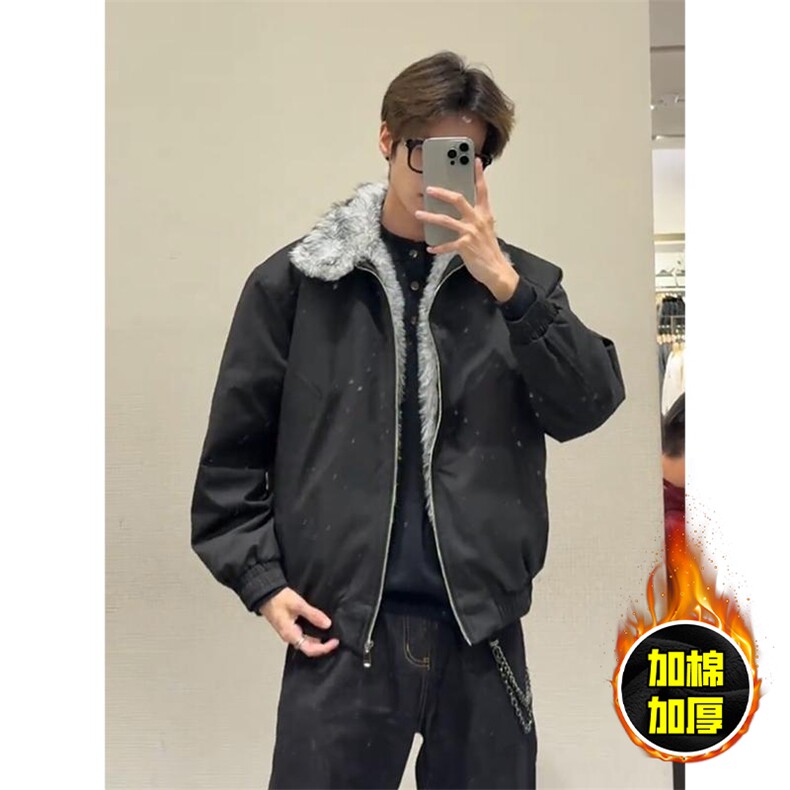 现货高品质美式高街重磅狼王座山雕毛毛领棉衣男女加厚棉服冬外套图片