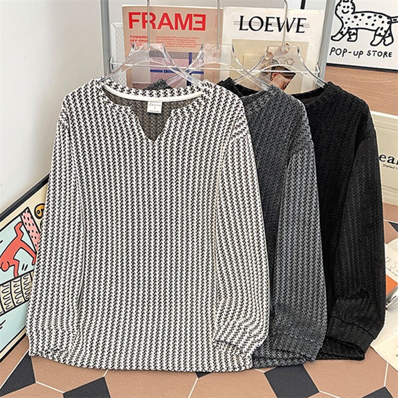 美式高街千鸟格子长袖T恤男女亨利V领英伦雅痞休闲宽松长袖打底衫，男装T恤，电商A443