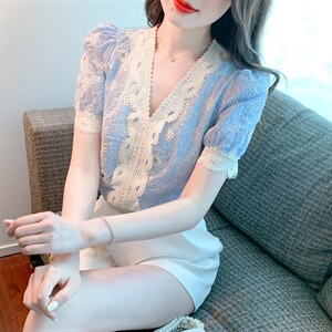 V领气质蕾丝衫洋气衬衫短袖小衫上衣，女装蕾丝衫/雪纺衫，美吧服饰