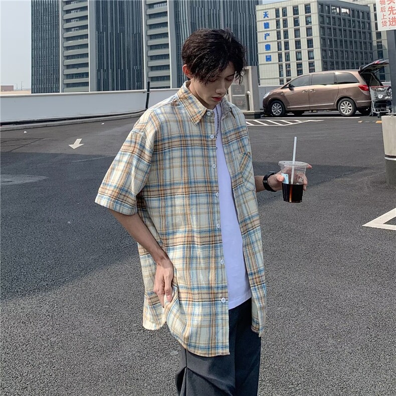 美式复古街头衬衣休闲百搭宽松短袖格子夏季衬衫男女S1111-p28,男装衬衫,星座1008