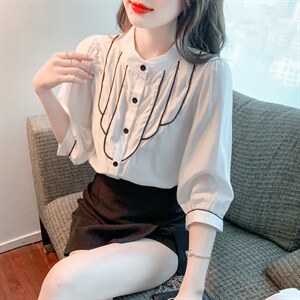 新款防晒衬衫洋气雪纺衫立领小衫气质七分袖打底衫，女装蕾丝衫/雪纺衫，美吧服饰