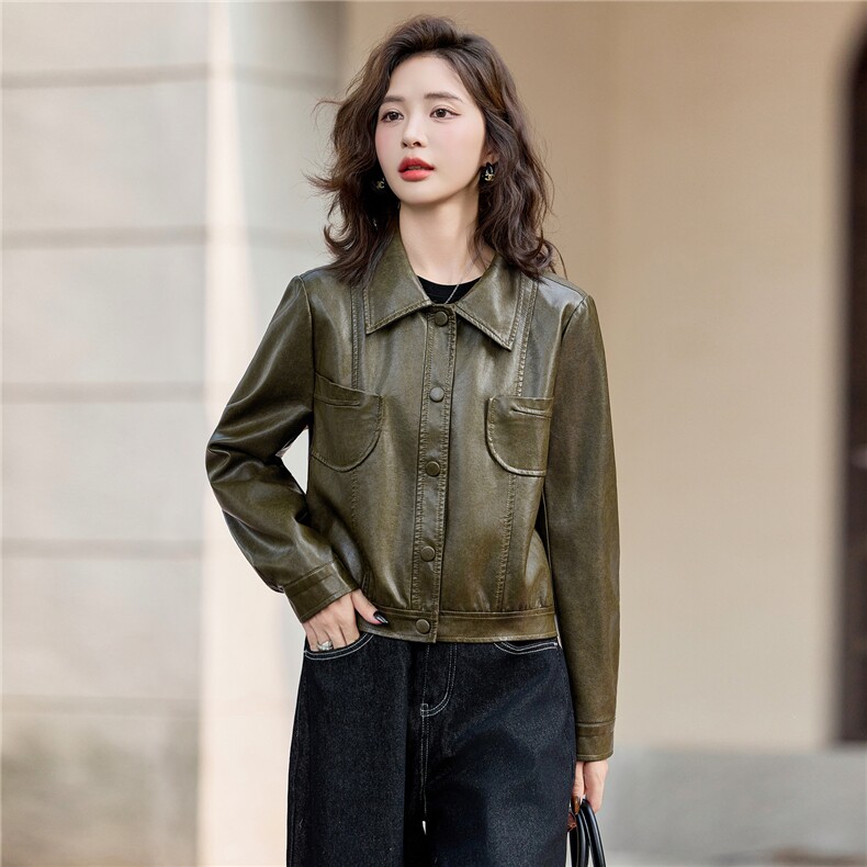 复古翻领皮衣外套女短款2025秋季新款高级感气质百搭pu皮夹克上衣,女装皮衣,臻衣坊