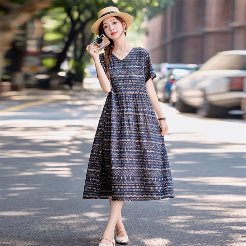时尚洋气印花棉麻连衣裙女2025夏季新款宽松显瘦减龄休闲气质裙子,女装连衣裙,依万里