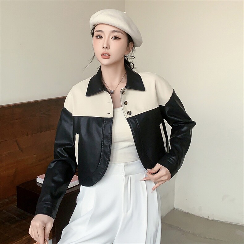 2024春装新款时尚气质拼色皮衣夹克,女装皮衣,美拉德工厂直营店