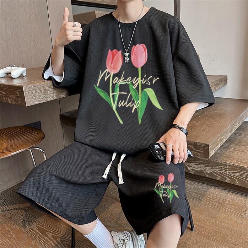 青少年夏季套装男士冰丝华夫格短袖t恤休闲运动短裤搭配帅气一套,男装牛仔裤,星座1904A-1