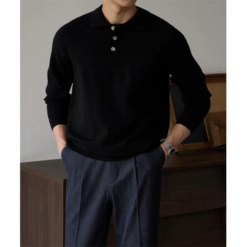 复古老钱风插肩袖竖条纹肌理感长袖针织POLO衫C67082/P65，男装Polo衫，电商A243