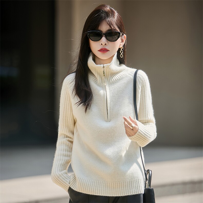 秋冬新款半拉链翻领100%纯羊毛衫女宽松加厚针织毛衣羊绒打底上衣,女装羊毛衫,朝辰羊绒