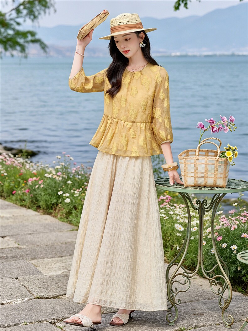 夏新款圆领绣花宽松小衫裙裤优雅气质套装女,女装套装/套裙,水衣源