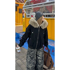 现货重磅boxy短款棉衣座山雕大毛毛领男女棉服水洗工装厚外套，男装棉衣，电商A486-1