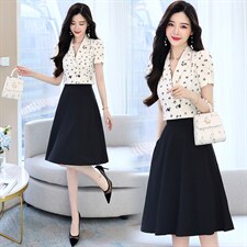 2022夏装新款气质淑女短款印花翻领上衣搭配半身裙两件套，女装套装/套裙，芭米依尚