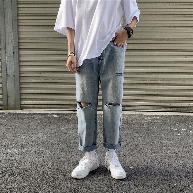 主推 夏季破洞牛仔裤 宽松直筒港风九分裤男1008-kz11图片