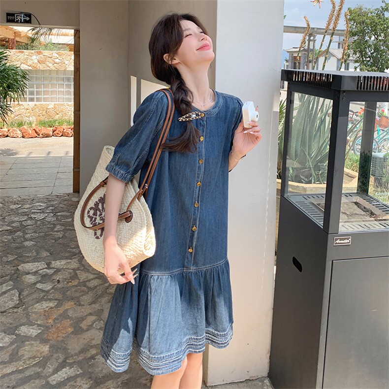 韩版复古牛仔连衣裙女2025夏季新款设计感小众休闲显瘦减龄中长裙,女装连衣裙,点滴