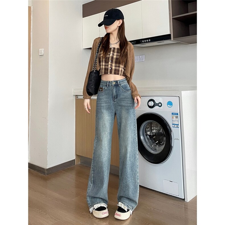 梨形小个子休闲阔腿牛仔裤女怀旧复古宽松时尚直筒遮肉垂感拖地裤,男装牛仔裤,星座1210-1