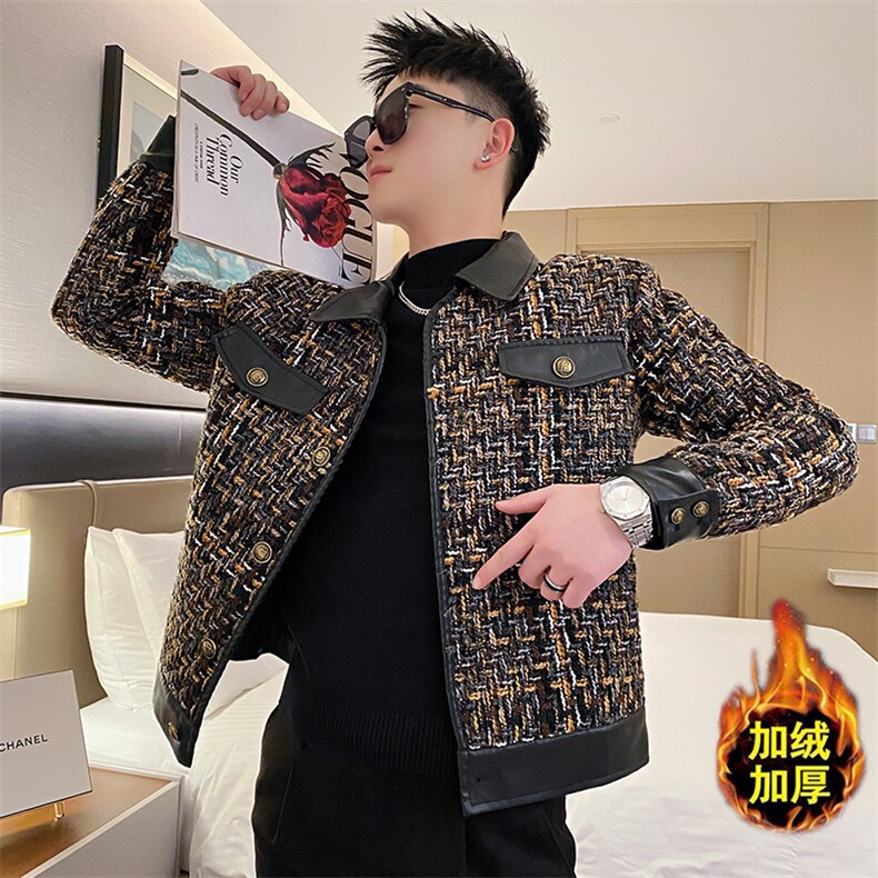 AF112加绒/P138控178秋季社会小伙小香风编织拼皮韩版短款外套男1,男装夹克,星座305B-1