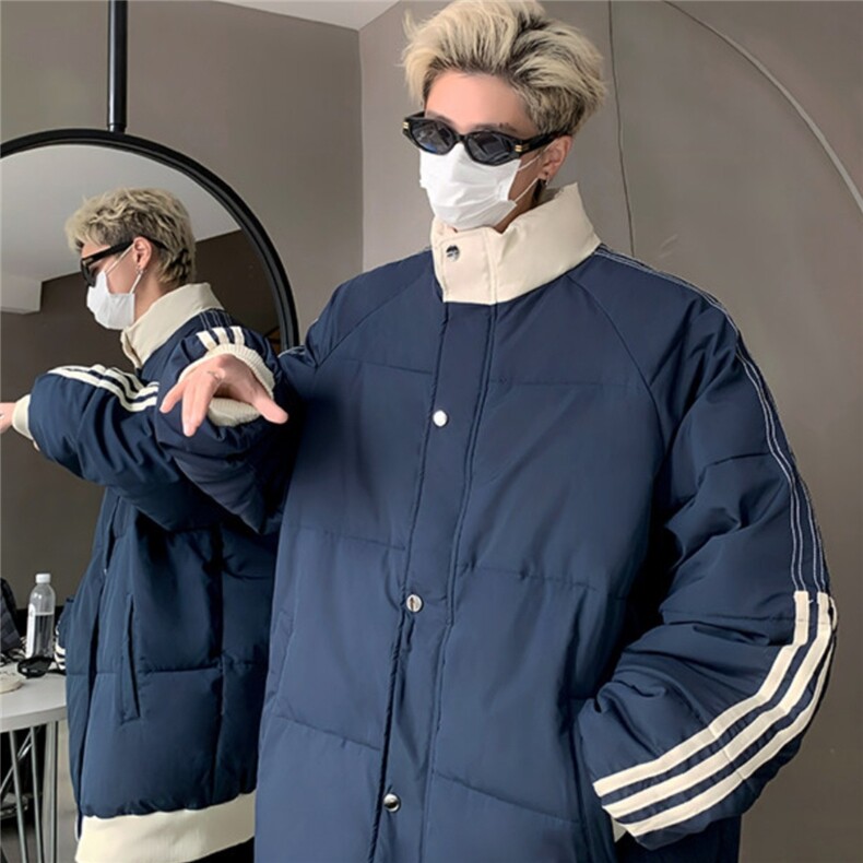 米白色文艺慵懒风棉服男冬季加厚面包服外套美式复古条纹立领棉衣,男装棉衣,星座218-1（原230）
