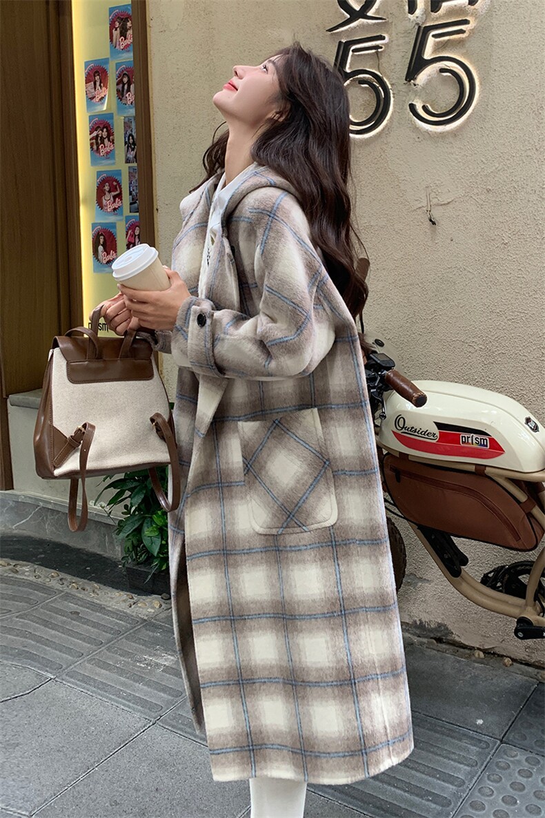 连帽格子双面羊绒大衣半月牙纽扣兰格羊毛呢大衣2C220L5P255K389,女装毛呢外套,2C220