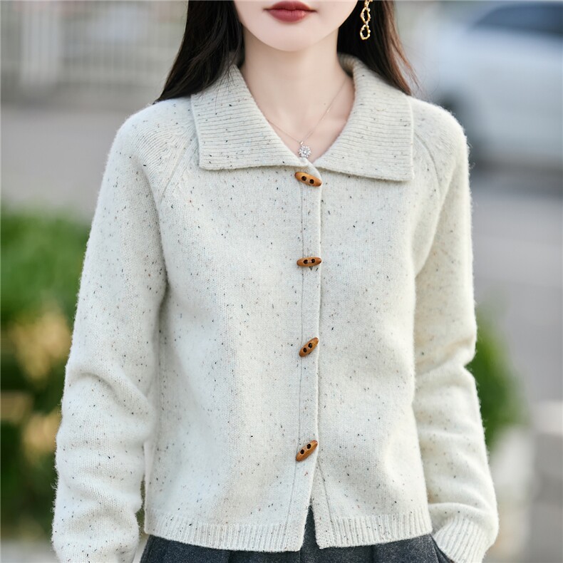 100%纯羊毛开衫女POLO领点子纱针织衫毛衣宽松加厚亮丝外套羊绒衫图片