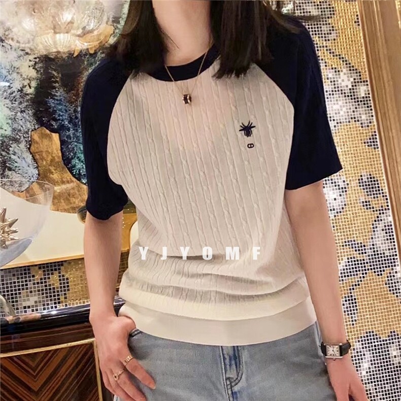小蜜蜂刺绣短袖圆领套头2024年夏季针织衫,女装羊毛衫,百纯羊绒