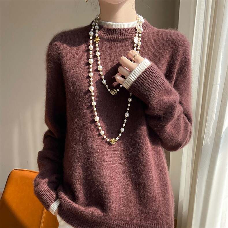 100%纯羊毛衫假两件毛衣女半高领加厚拼色针织宽松羊绒衫打底上衣，女装羊毛衫，吉高羊绒