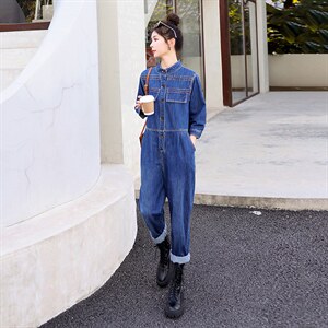 时尚显瘦牛仔连体裤女宽松高腰长袖休闲工装裤百搭气质外套春装新款，女装连体裤，秋水欣儿
