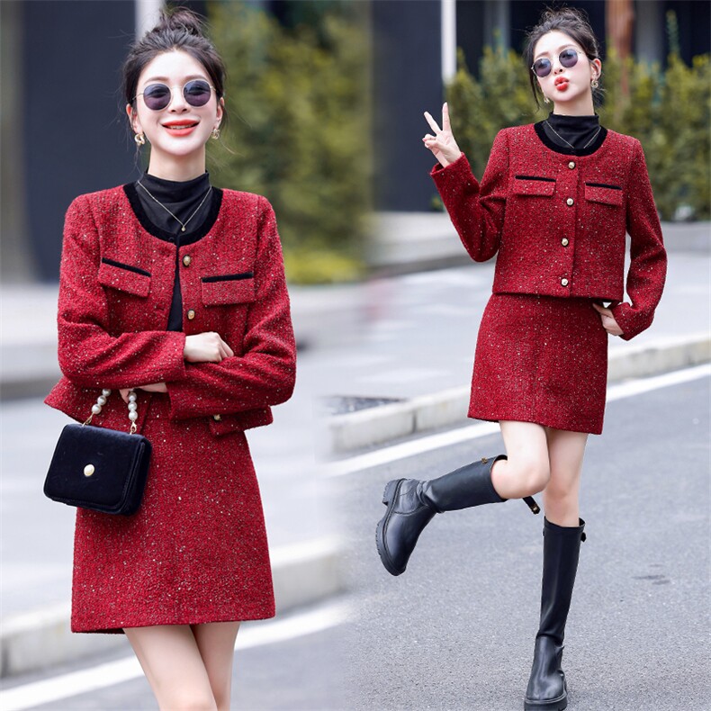 『现货新款』2025新款秋冬小香范气质优雅显瘦两件套女装精致升级,女装套装/套裙,意芙