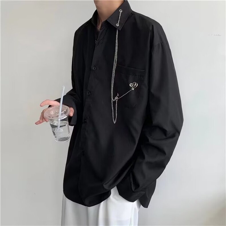 黑色长袖衬衫男女春秋链条别针衬衣2024新款复古韩范上衣038/35图片