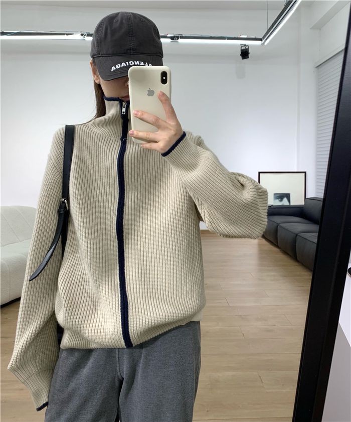 时尚休闲拉链高领羊绒开衫女秋冬宽松毛衣针织羊毛打底衫立领上衣,针织衫/毛衣,鑫之绒