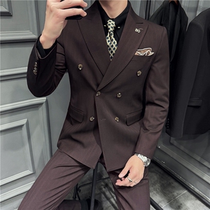 高品质~暗条纹色织高档双排扣西装三件套西服藏青色SJT8068-P295图片
